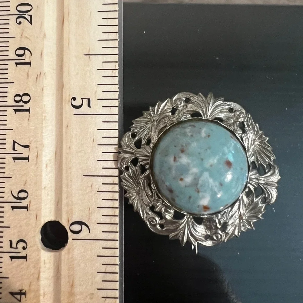 Vtg‎ Victorian Style Silver Turquoise Blue Cabochon Floral Filigree Brooch Pin